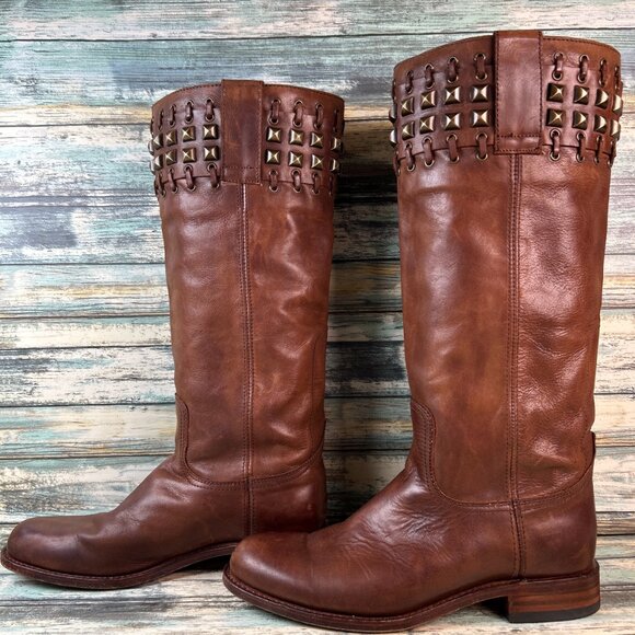 Sendra Knee High Boots Womens 8 Brown Leather Riding Moto Studded Biker Western - Picture 2 of 15